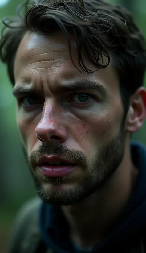 A hyper-realistic close-up of Jake’s face as he recounts the story. His expression is a mix of fear and certainty, with the forest visible in the blurred background. The lighting is dramatic, highlighting the intensity of his eyes as he utters the chilling...