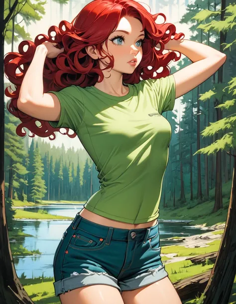 Sexy girl with long curly red hair, small breasts, tight green t-shirt, lifts up her shirt, takes off her t-shirt, denim shorts, forest landscape with lake, art inspired by Bill Sienkiewicz
