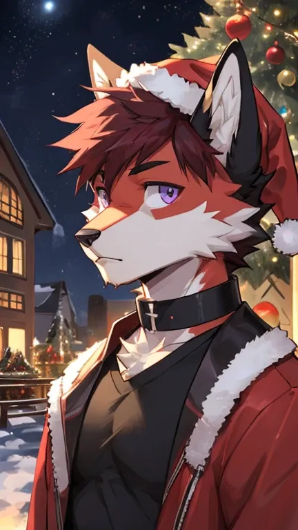 (Artist by zackary911, 8k, high quality, detailed eyes and fur, night, residents background), solo, male fox, anthro, red satured fur, red body, male body, purple eyes, black ears, red hair, short hair, hair cover eye, hands white, choker, eyeliner black, ...