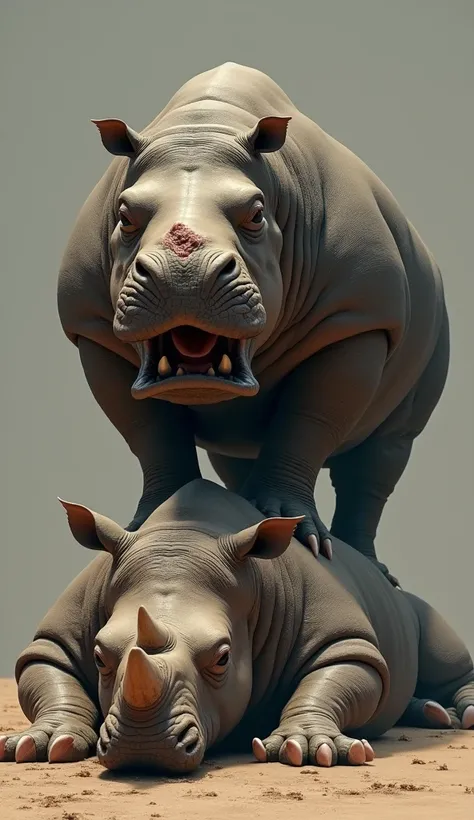 A hippo stands on a tired Rhino . rhino dwon and face injured. Rhino original look and full body face front state. 