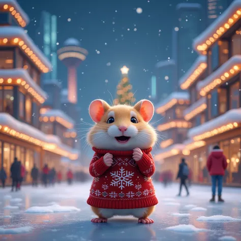 In a vibrant and bustling Modern Christmas Town, a super cute hamster revels in the festive spirit. The scene is lively, with the hamster donning a chic, tiny Christmas sweater decorated with snowflakes and reindeer motifs. The Christmas Town is a lively o...