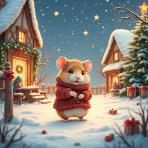 In a quaint, picturesque Christmas Town, a super cute hamster finds comfort in the simplicity and warmth of a countryside celebration. The hamster, wrapped in a cozy, hand-knitted sweater, wanders through a charming village covered in a light dusting of sn...