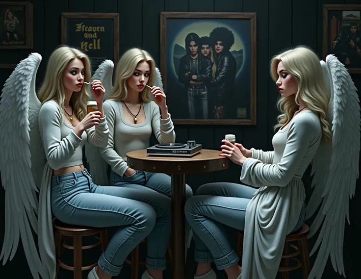  three angels looking feminine, They are very beautiful ,  perfect face,  face with various features ,  flawless face , They are  ,  drinking beer and smoking cigarettes, They are ao lado de um toca vinil, In the background there is a lineup of the band Bl...