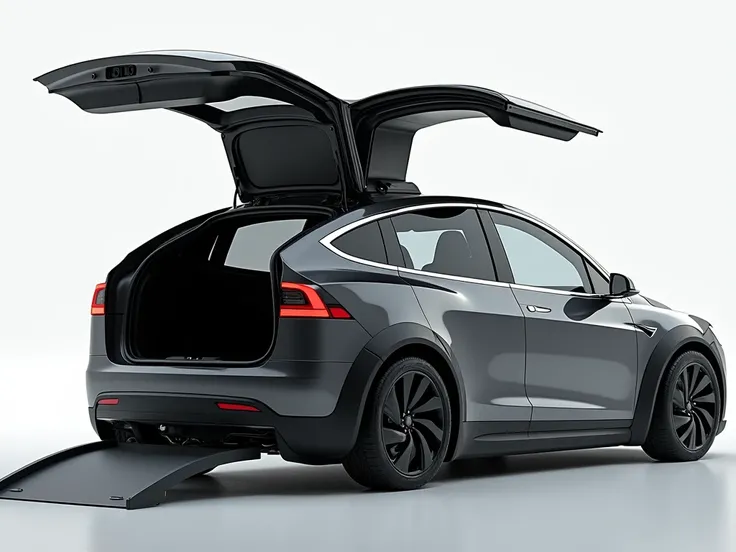  Create Tesla model x cars with doors that open up and a special device,  partition between the rear and front doors that automatically lifts the wheelchair ,  Picture how a disabled person is moved into the car by a special device , there is no , side vie...