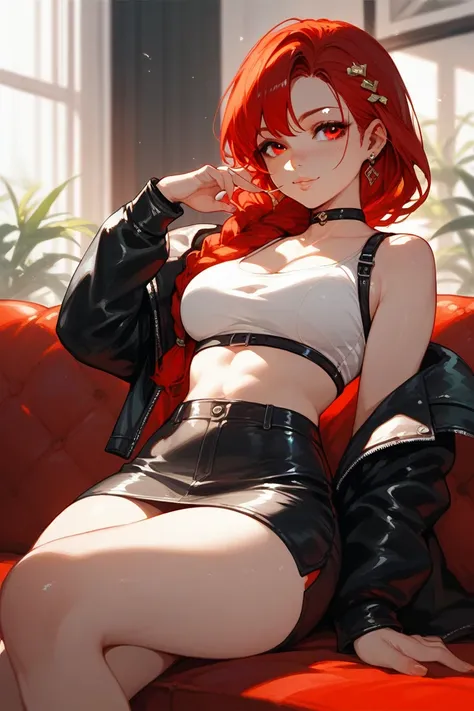 a hot anime girl with  long red hair  in a braid over her shoulder... and has orange eyes and wearing  a white crop top, a black leather skirt and  a black leather jacket ....sitting on a couch