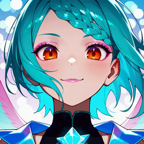 hair focus, portrait, 1girl, (best quality), 8k, masterpiece, aqua hair, short hair, braided bangs:1.2, BREAK, orange eyes, gentle smile, BREAK, (holographic glitter on the eyelids over a base of pastel pink eyeshadow), BREAK, thin black eyeliner with an e...