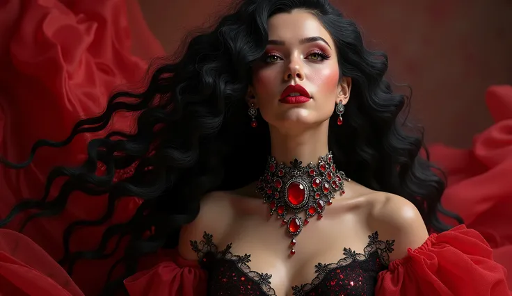 masterpiece black, red chiaoscuro by Brian viveros, Anna ditnman, curly hairstyle drill flowing haired detailed, sadow. A (((hyper-realistic, ultra-detailed scene))) featuring a (((beautiful woman, with long, flowing black hair))), clad in a (((black and r...