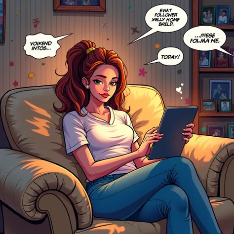 Comic book art style woman at home on couch with tablet surrounded by “NEW FOLLOWER” notifications 