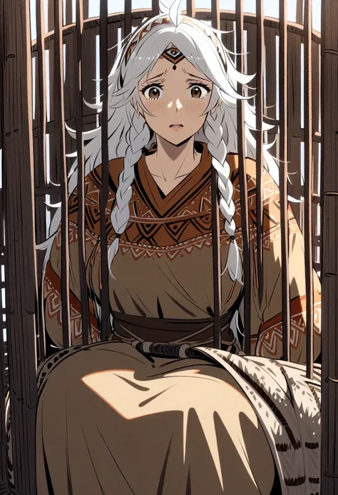 {{Artist: aitsuwu}} 1girl, mature female, nomadic princess, white hair, long hair, Braided hair, brown eyes, nomadic attire, in a cage, sitting in a cage, wood cage, scared, sad, men guarding the cage, men in front of the cage, men wearing nomadic attire, ...