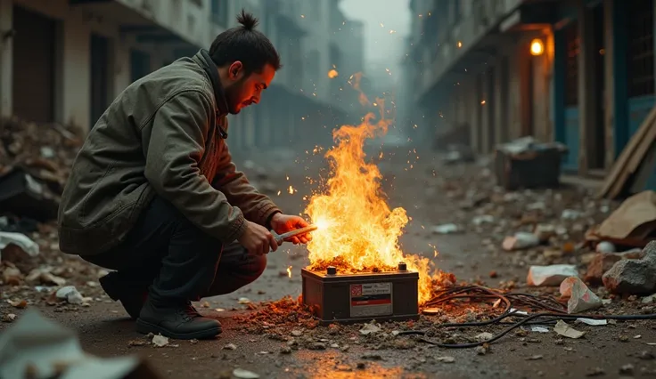  It uses a car battery and two wires ,  creating sparks by shorting the positive and negative wires , to light the wood .  The fire starts to catch on scraps of paper and urban waste used as fuel.   The perspective highlights the man in the foreground ,  w...