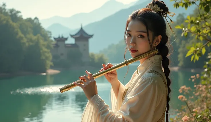 BEAUTIFUL SEXY ASIAN PLAYING FLUTE, MEDIEVAL SCENE, BACKGROUND LAKE LANDSCAPE