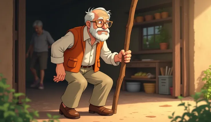 Depict an old man An elderly, wise-looking man with short white hair, a neatly trimmed beard, and glasses. He wears a white shirt, beige trousers, brown loafers, and an orange sleeveless jacket. sitting in a modest village house, hearing a distant call. He...