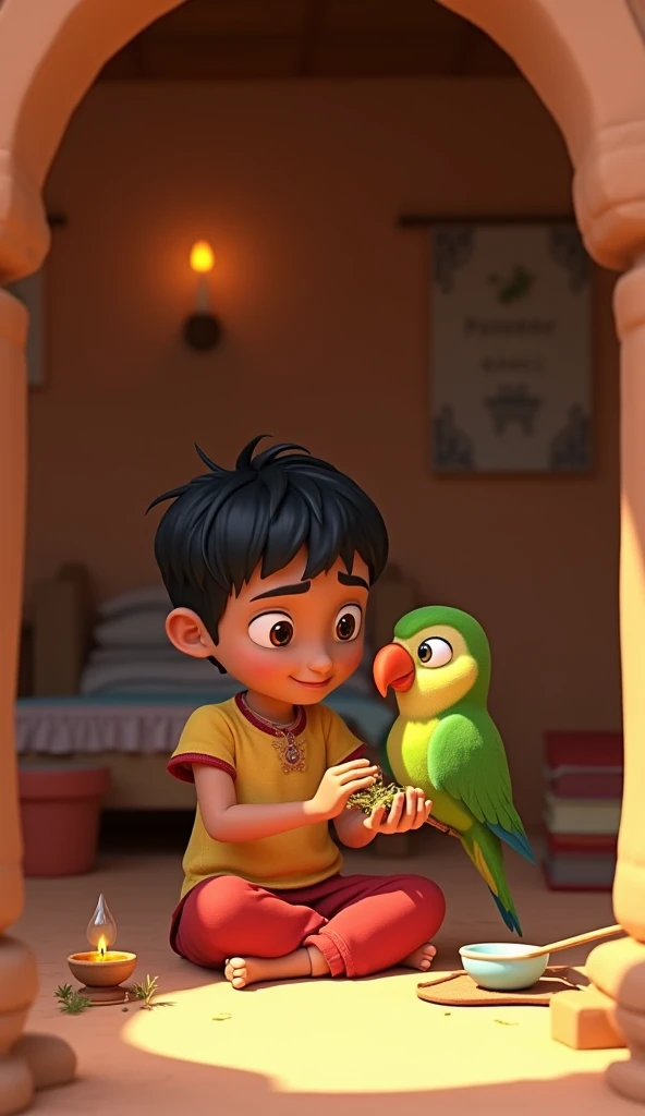 In 3 d cartoon animation "रामू अपने छोटे से मिट्टी के घर के अंदर बैठा है। उसके हाथ में तोता है, और वह उसके पंख पर मरहम लगा रहा है। पास में एक कटोरी में पानी और जड़ी-बूटियां रखी हैं। तोता चुपचाप रामू को देख रहा है। बैकग्राउंड में घर का साधारण सामान, जैसे खा...