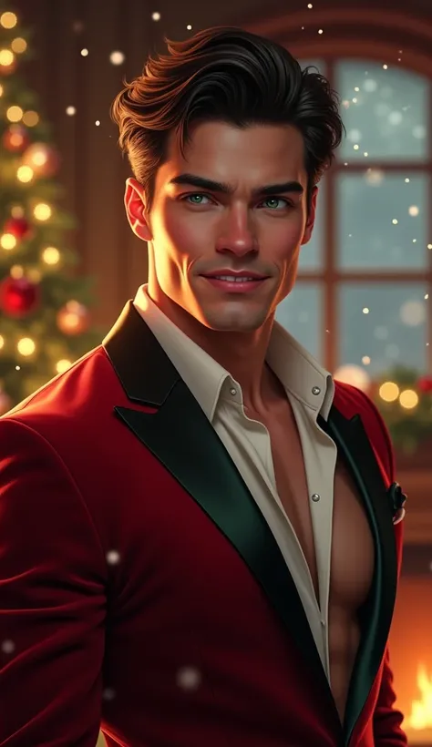 December: The Festive Charmer
"An ultra-realistic, half-body portrait of a bold, seductive young man inspired by the magic of December. He has deep emerald-green eyes and dark brown, slightly wavy hair that falls just above his shoulders, framing his stron...