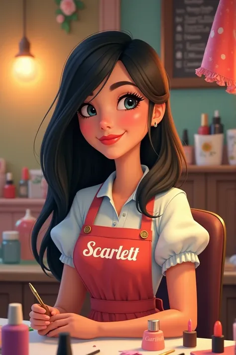 Create a Disney type manicurist ,  straight black hair with long eyelashes ,  and on the apron say Scarletts name 