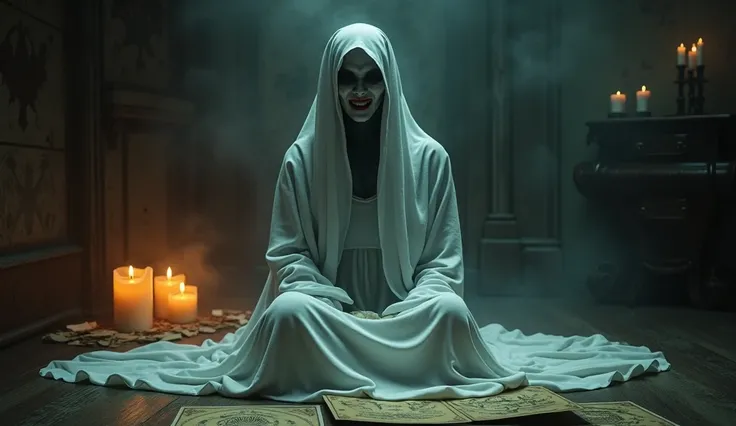 a scary atomosphere and a scary ghost women is sitting on floor wearing white gown plain and looks like a demon and candles and tyrot cards are placed on floor and a gragh aswell