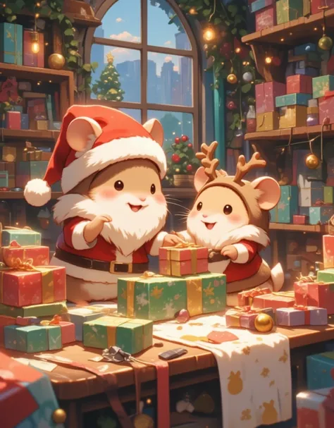 (In a beautifully decorated Christmas workshop, two adorable hamsters are the stars. One hamster is dressed as Santa Claus, complete with a tiny red suit, fluffy white beard, and a matching red hat with a pom-pom. Beside him, the second hamster is dressed ...