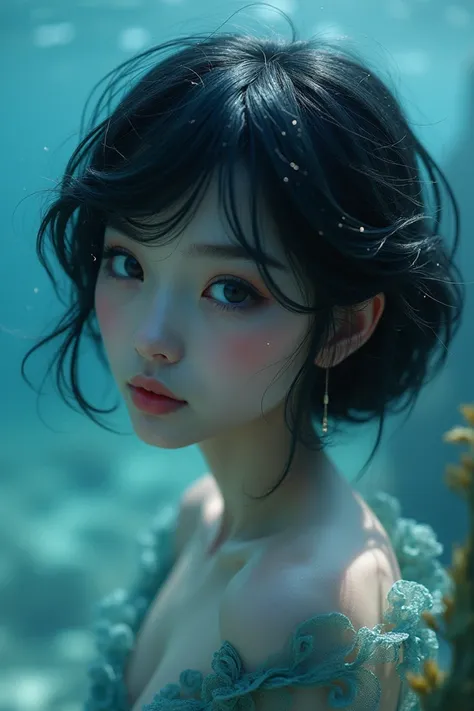  A mermaid with short black hair , beautiful with shades of blue ,  who can see the sea in the background like a movie and has features with nice big eyes and big cheeks,  small lips and small nose  
