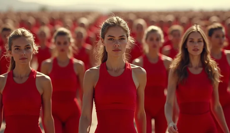 infinite clone army, red sportwear, marching, smiling, six pack women, infinite valley, 9999999999 women per square meter, cramped together, taking over world, piled on top of each-other