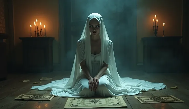 a scary atomosphere and a scary ghost women is sitting on floor wearing white gown plain and looks like a demon and candles and tyrot cards are placed on floor and a gragh aswell