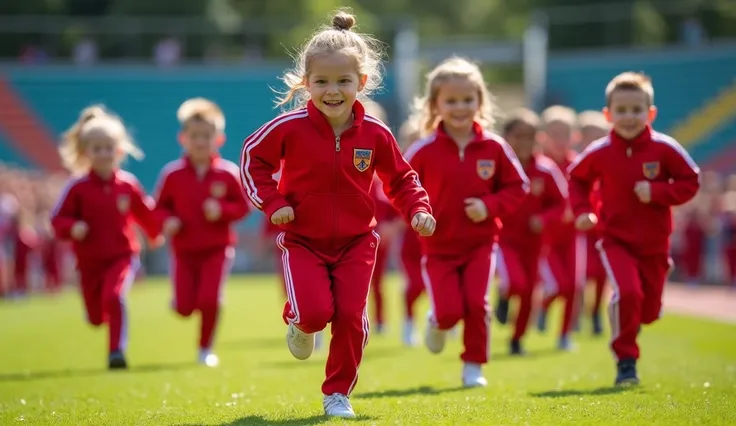 The red tracksuit is cute for elementary school students to sprint at the games