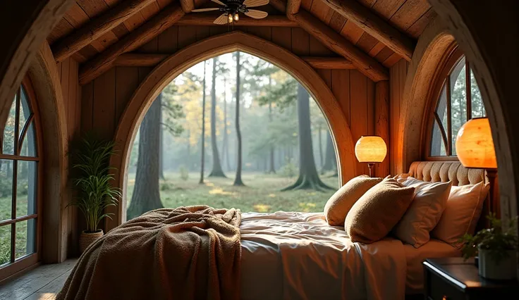 Deep in the woods at midnight, big two-story bedroom in a fairy house, big window,  rustic furniture, soft indirect lighting, earth-colored pillows and blanket on the bed, cosy enchanted scene, beautiful render of a fairytale, magical environment, relaxing...