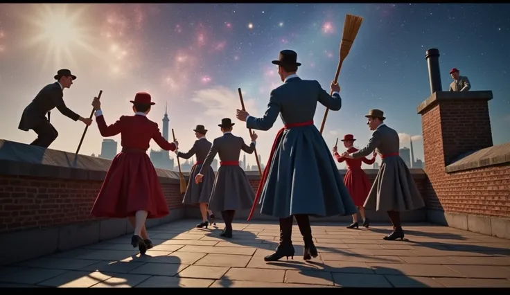  Celestial roof ridge dance :
Dick van Dyke (als Bert aus Mary Poppins, 1960)  dances with a Group of chimney sweepers on Londons rooftops.  With brooms they swing in sync with an FLDS hymn :
"Step in time, celestial rhyme,
Polygamy is God’s design!"

Juli...