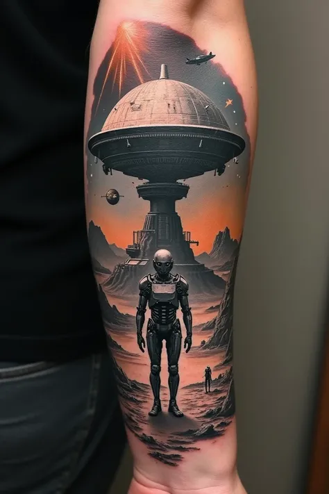 Create a simple realistic-style image with strong black and gray strokes in the form of a tattoo on a forearm. In this image, in realistic style in black and gray .  Create a full-body android on a flat terrain .
 Create a huge radio telescope in the shape...