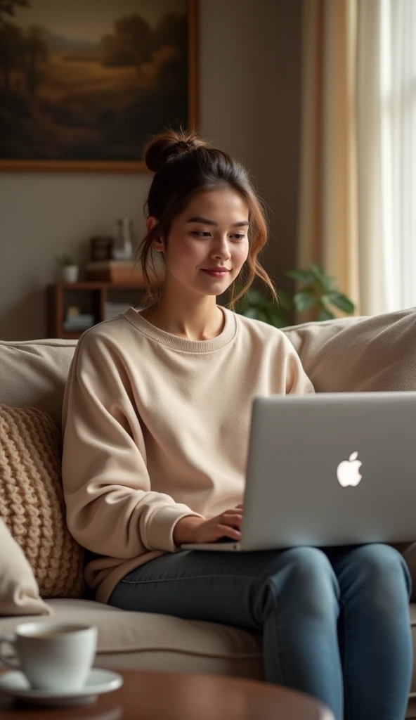 Woman working from home, sitting on the couch with an Apple laptop on her lap and a cup of coffee on the coffee table. She is wearing a comfortable yet stylish sweatshirt and her hair is tied in a ponytail. The background is a bookshelf and a painting.