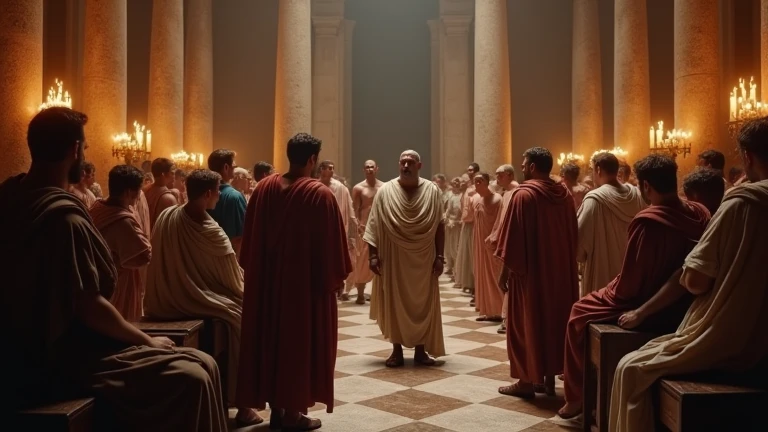 senad"A dramatic and tense scene inside the Roman Senate during a moment of conspiracy. The grand hall is filled with marble columns and stone walls, dimly lit by torches that cast flickering shadows on the senators. At the center of the room, a group of i...