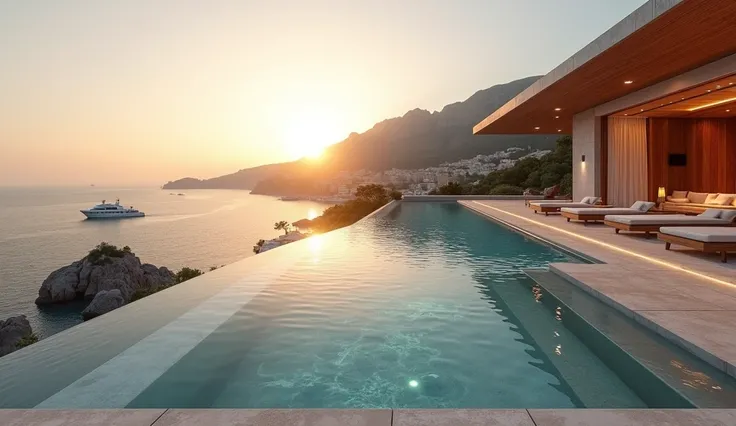 "An ultra-realistic 4K cinematic image of an exclusive rooftop spa in Monaco, featuring a marble jacuzzi, a panoramic view of the Mediterranean, and soft golden light as the sun dips below the horizon."