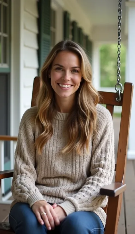 A 35-year-old woman seated on a porch swing, dressed in a cozy sweater.