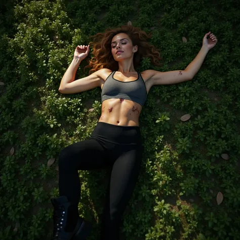 a top down full body photorealistic depiction of a beautiful athletic, lean woman, 25,  lying unconscious on a grassy ground, arms stretched out, legs bent, her curly light brown ponytail tousled, dressed in a tank top, black leggings, black combat boots, ...