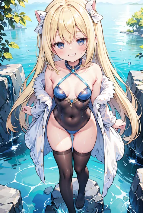  blonde bob haired mature woman、metallic blue pearl bikini ,  stockings ,  bangs between eyes , bangs,   Bransing , very small breasts,  slender figure,  blush, Grin,  standing、Full body composition、 wet、The background is a lake