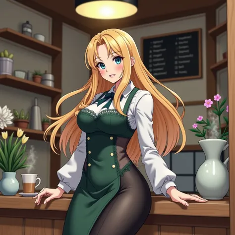 Physically fit adult woman with long blond hair and big breasts wearing a long-sleeved uniform from a Japanese coffee shop anime version