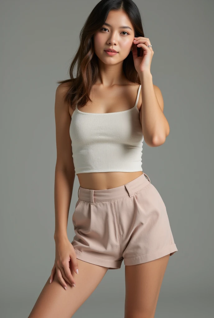 belle fille en crop top et short dans un fond gris 