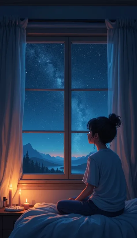 A room lit by soft candlelight, with a person sitting next to the bed, looking at the starry sky through the window.