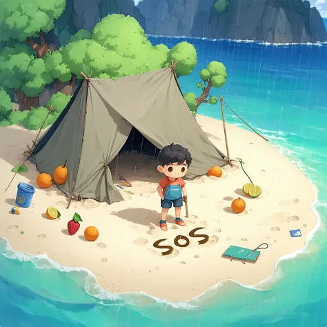 The young 15 boy stuck in the island. He show the head out his camp he creating for cover the rain and around the camp have a fruits and the trash he pick up for artificial to help him from the island and he write SOS on the sand, top angle camera view can...