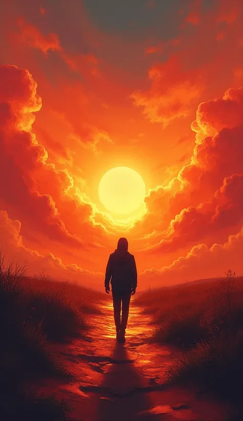 A figure from behind,  walking towards a vibrant horizon with the sky exploding in shades of orange and red,  leaving human shadows behind . Style:  oil painting with an epic and vibrant atmosphere , wide and textured brushstrokes .