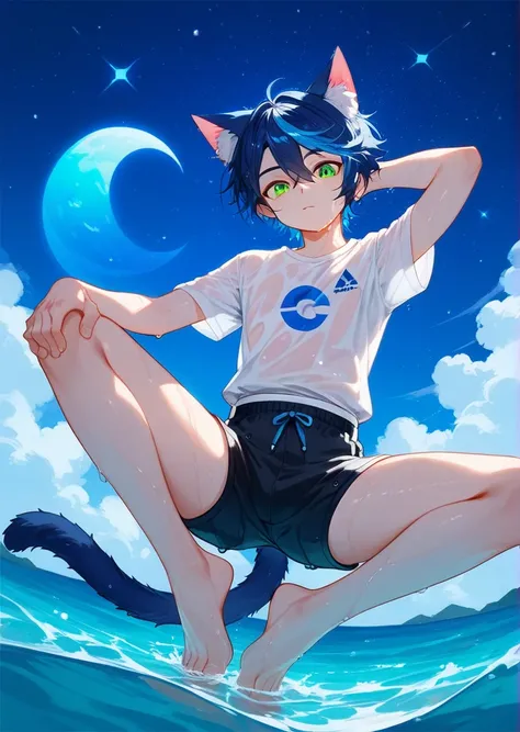 score_9,score_8_up,score_7_up,ncaaoo33,1boy,foreshortening,solo,cat ears,green eyes,spread toes,blue hair,animal ear fluff,streaked hair,cat boy,detailed background,bare legs,looking at viewer,multicolored hair,black shorts,sidelocks,legs,french braid,long...