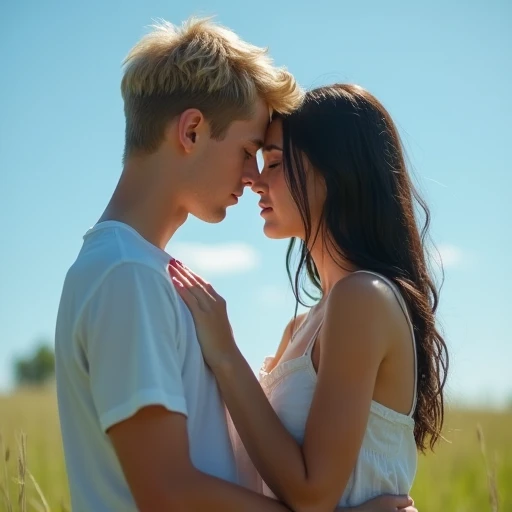  8k In the background a lawn there is a young couple .  The young man has blond hair and short blue eyes ,  and the young woman has black hair and short blue eyes . They are very close together, looking at each other sadly .  The young man is leaning sligh...