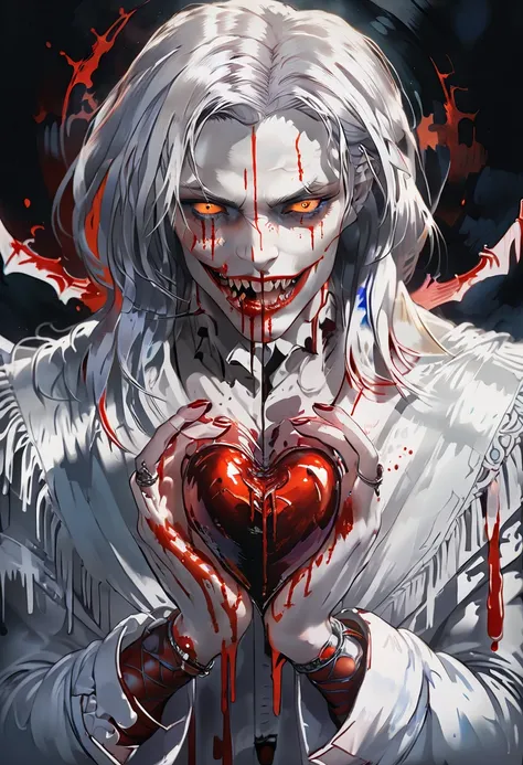  White-skinned vampire , bleeding eyes , tears of blood, Holds a human heart in his hands,  beautiful and detailed eyes ,  beautiful and detailed lips , fangs, extremely detailed face, 1 girl, white hair  , fringe,  dramatic lighting ,  vibrant colors ,  f...