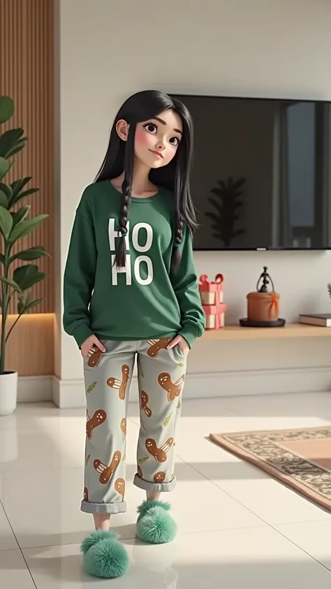 Woman 30 years, long straight black hair with two braids one at each side, wearing hunter green long sleeve tee with the words “ Ho Ho Ho in bold white print, with light grey pajama pants with gingerbread cookies Christmas prints. And furry mint green drag...