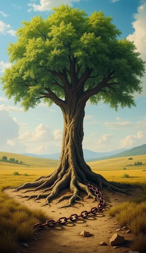  A tree growing in the middle of a field ,  with visible roots breaking chains that were buried in the ground. Style:  impact oil painting , Renaissance atmosphere ,  with shades of vibrant green and brown .