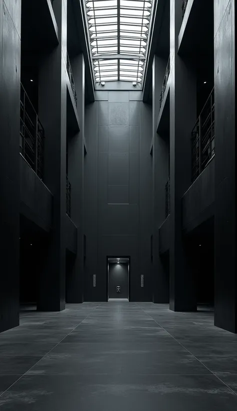 A tall hall with industrial decor and black paint