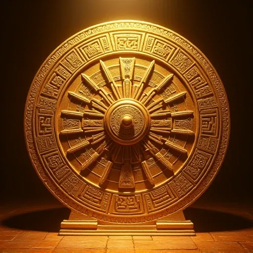 The spectacular Aztec calendar in golden tones, dorado, glow, with professional studio light 