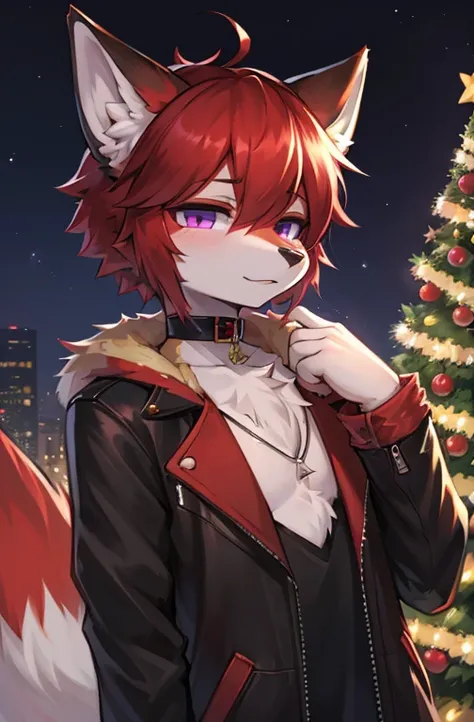 (Artist by zackary911, 8k, high quality, detailed eyes and fur, night, resident background), solo, male fox, anthro, saturated red fur, red body, male body, purple eyes, black ears, red hair, short hair, hair covering eyes, white hands, choker, black eyeli...