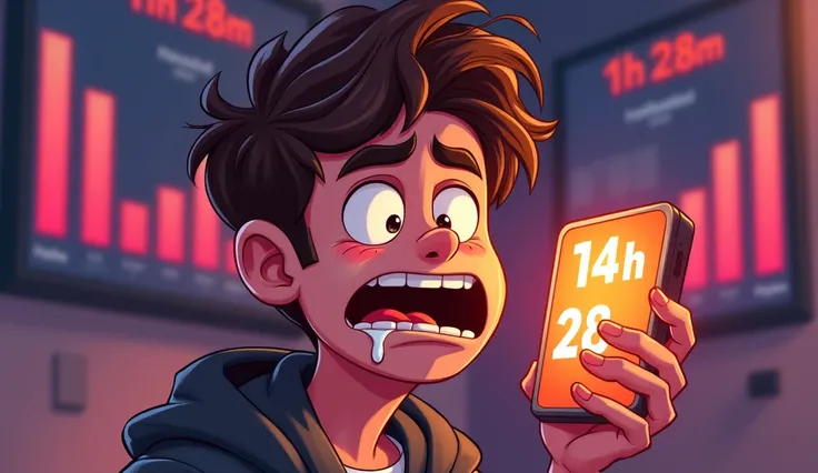 A digital cartoon-style illustration of a young man with messy brown hair, holding a smartphone. He has an exaggerated, wide-eyed, and slightly crazed expression, with drool dripping from his mouth. The lighting is dramatic, with a warm glow from the phone...