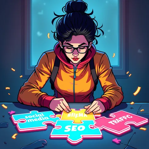 Comic book art style Marketer assembling glowing puzzle pieces labeled “Social Media”“SEO”“Traffic”