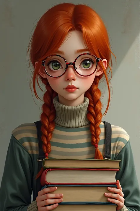 Une adolescente rousse avec des nattes. Elle porte une robe rayée avec un pull. Elle a des lunettes dégradé rouge et noir. Elle tient des livres contre elle. Elle a une expression neutre avec un regard perçant 